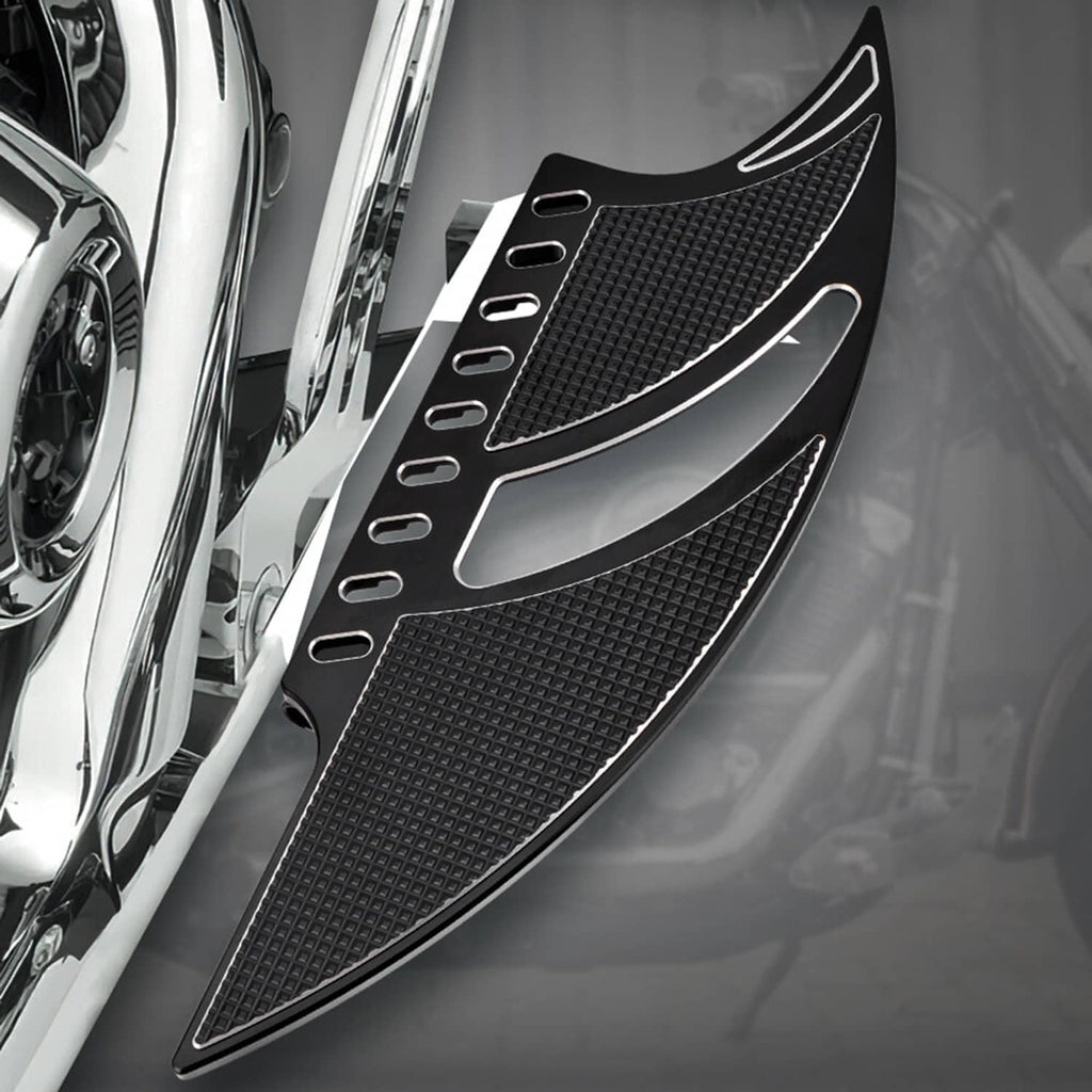 Front motorcycle floorboard footpad, black textured grip with silver accent strips