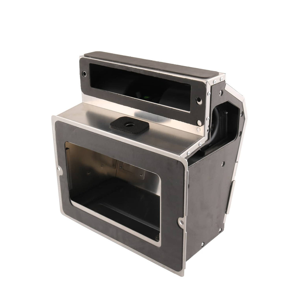 Aluminum heater AC box housing with front window and side access panels