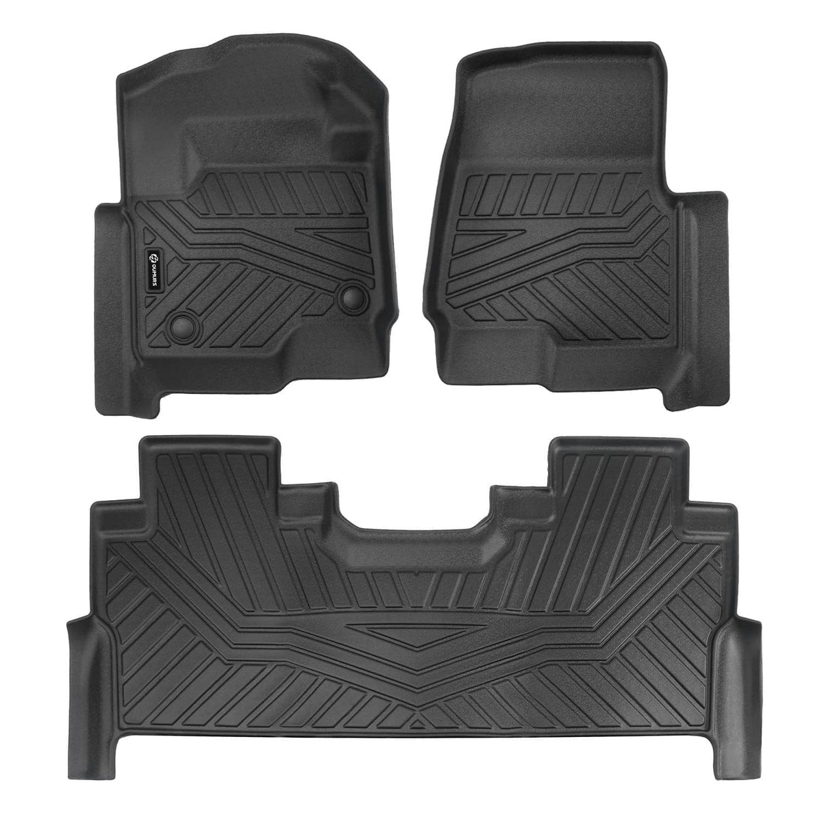 Black molded rubber floor mats with front bump-up sections and textured surface