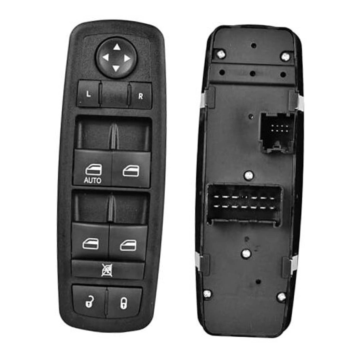 Black power window switch front and rear with icon buttons and connector