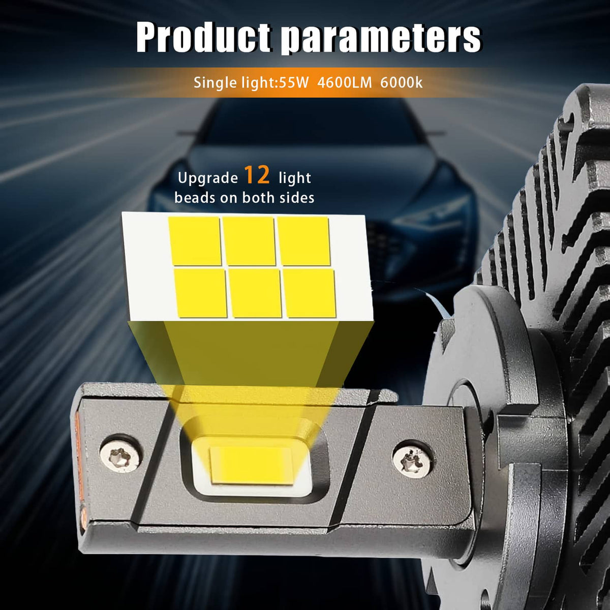 LED headlight bulb showing yellow LED cluster inside silver housing