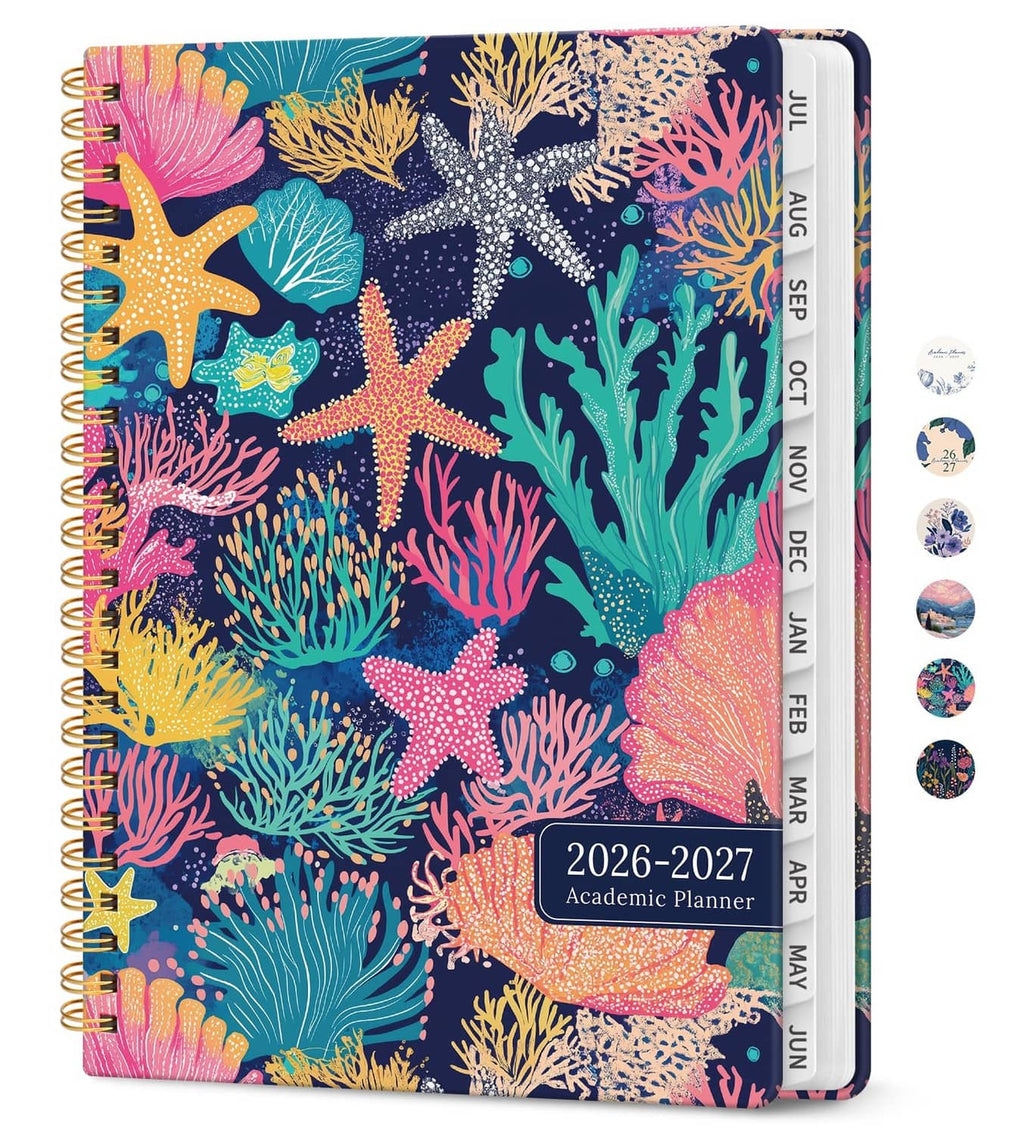 Coral reef academic planner, 2026–2027, spiral-bound monthly pages, 6.3x8.5 in
