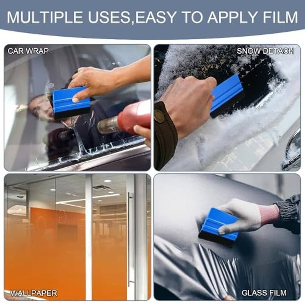 Blue felt-edge squeegee pressing and smoothing film on surfaces, multiple uses shown