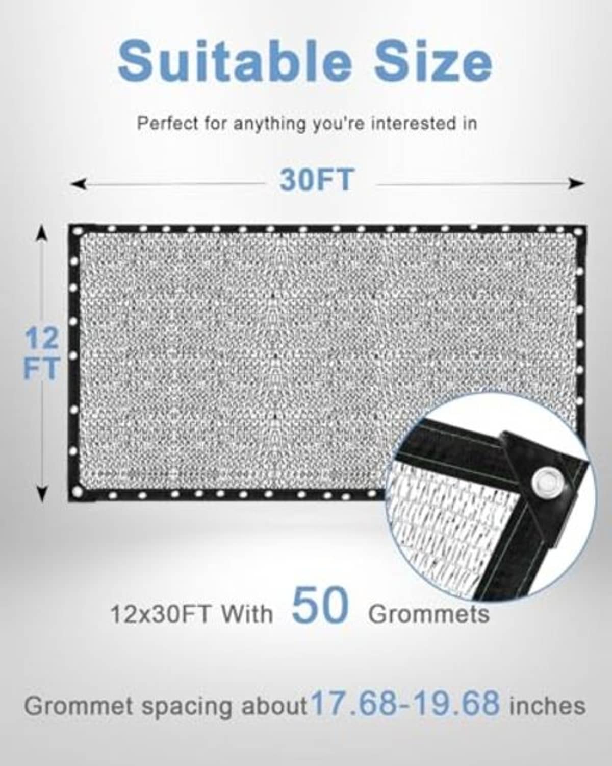 Rectangular reflective shade cloth with silver mesh and black border, grommet holes