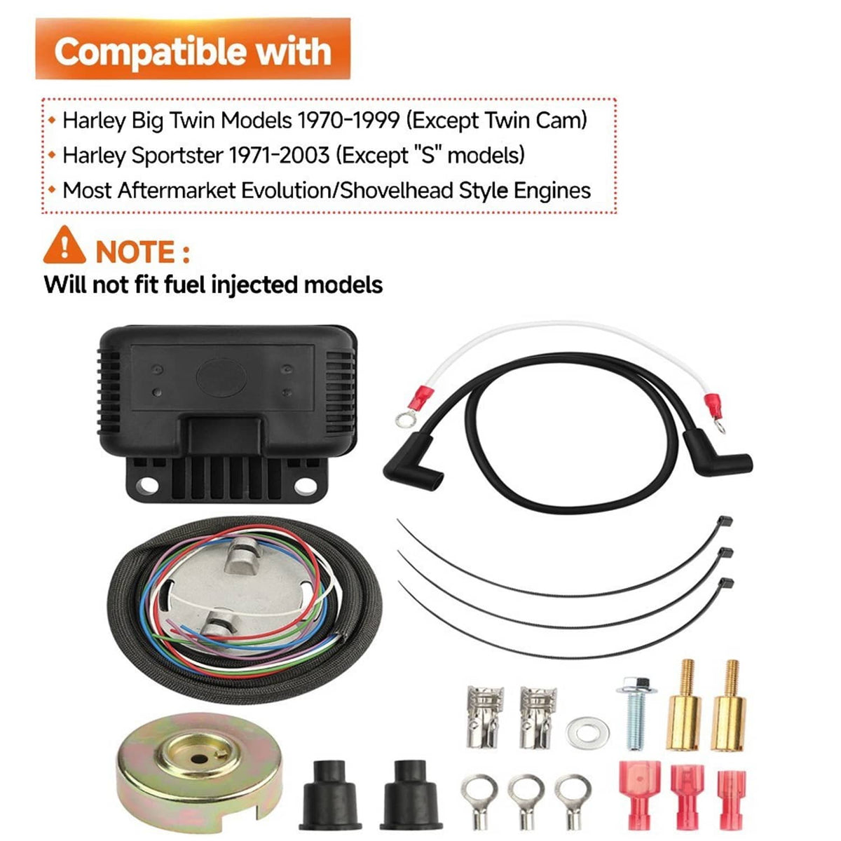 Programmable ignition kit components with module, sensor disc, wire harness, and terminals.