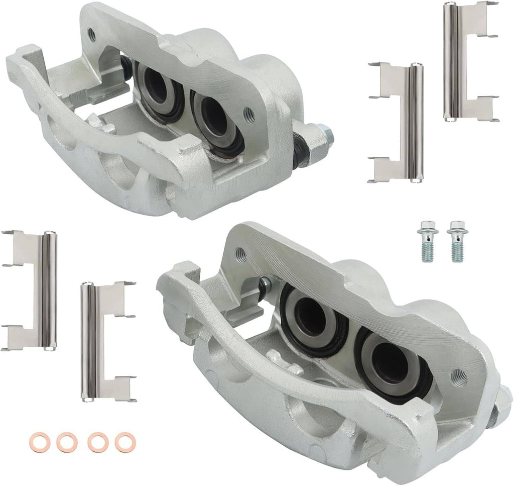Front brake caliper set: two silver metal calipers with mounting brackets
