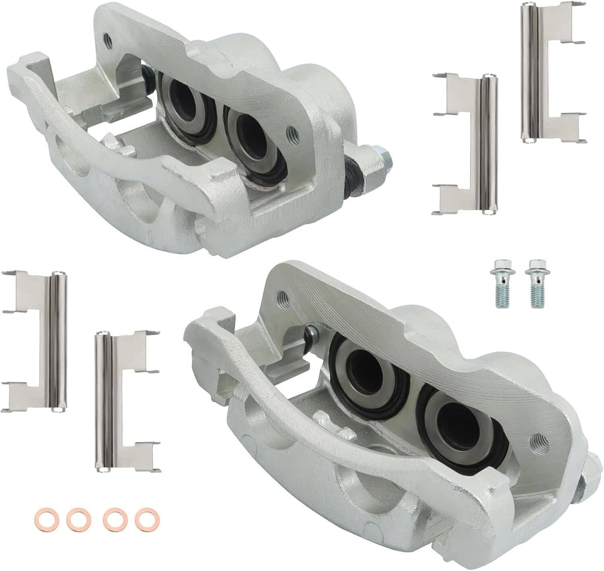 Front brake caliper set: two silver metal calipers with mounting brackets