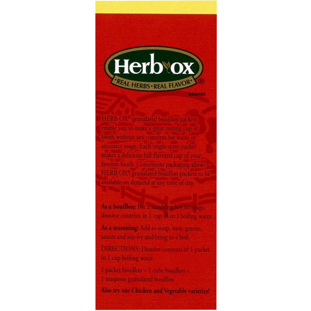 Herb-Ox sodium-free granulated beef bouillon usage directions on back panel
