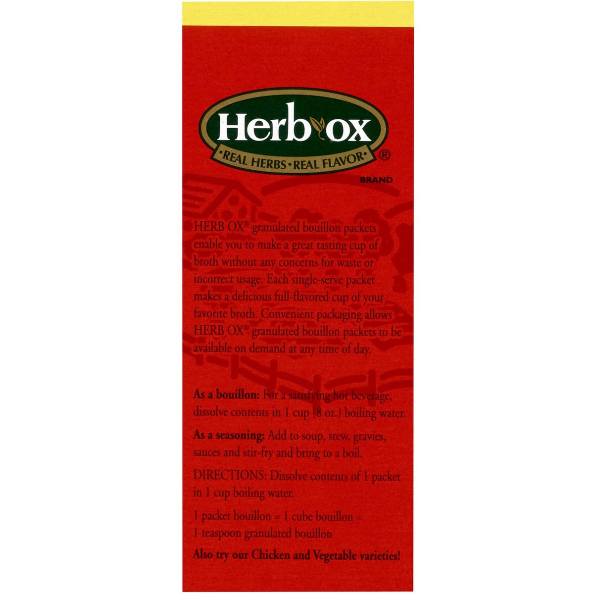 Herb-Ox sodium-free granulated beef bouillon usage directions on back panel