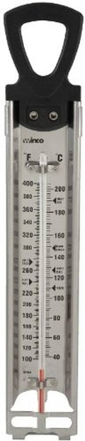 Deep fry/candy thermometer with hanging ring, metal stem and black handle, dual scale