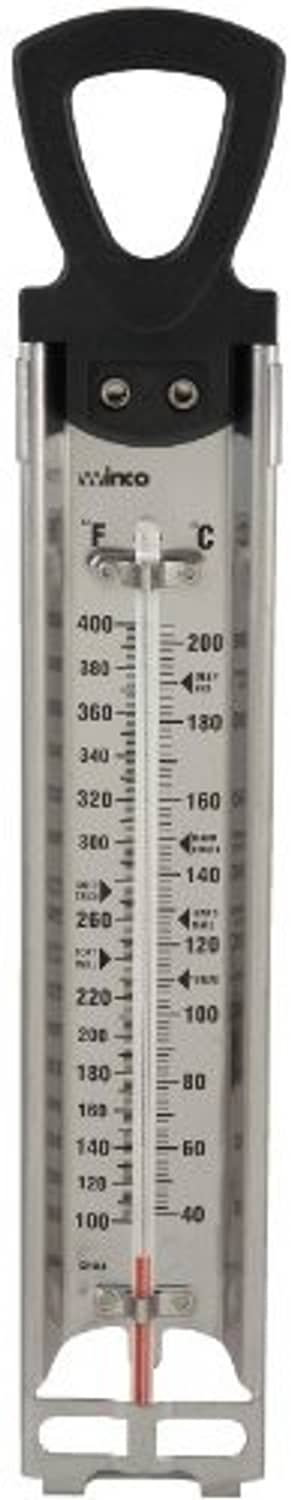 Deep fry/candy thermometer with hanging ring, metal stem and black handle, dual scale