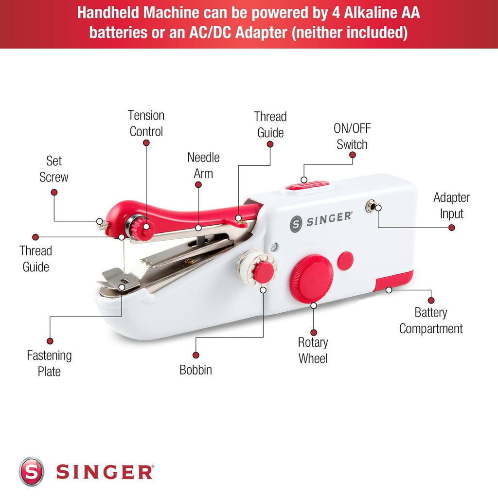 SINGER Stitch Sew Quick handheld sewing machine diagram showing labeled controls and parts