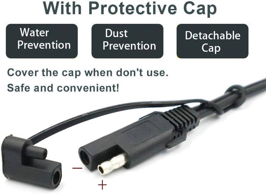 SAE quick disconnect extension cable with protective cap showing dust and water prevention features