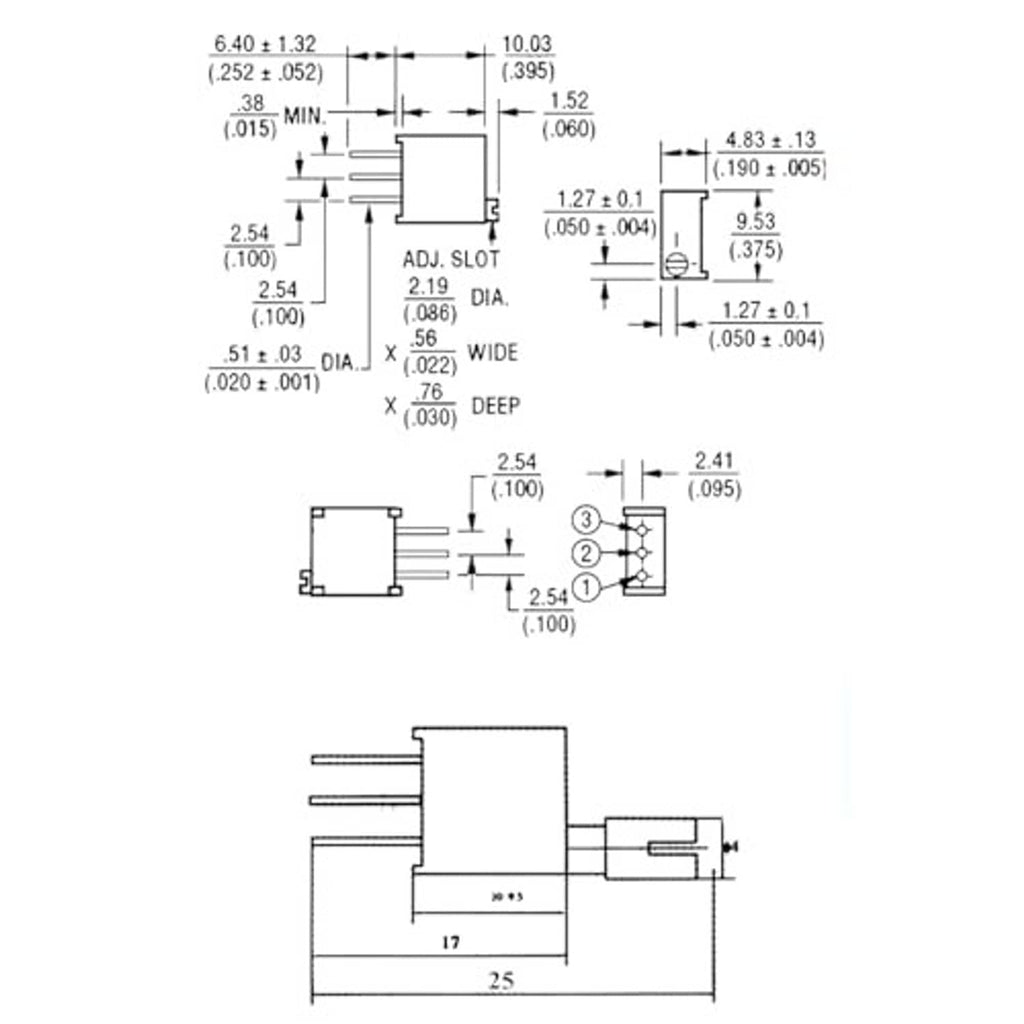 Pictorial dimension diagram for multi-turn potentiometer with metal shaft