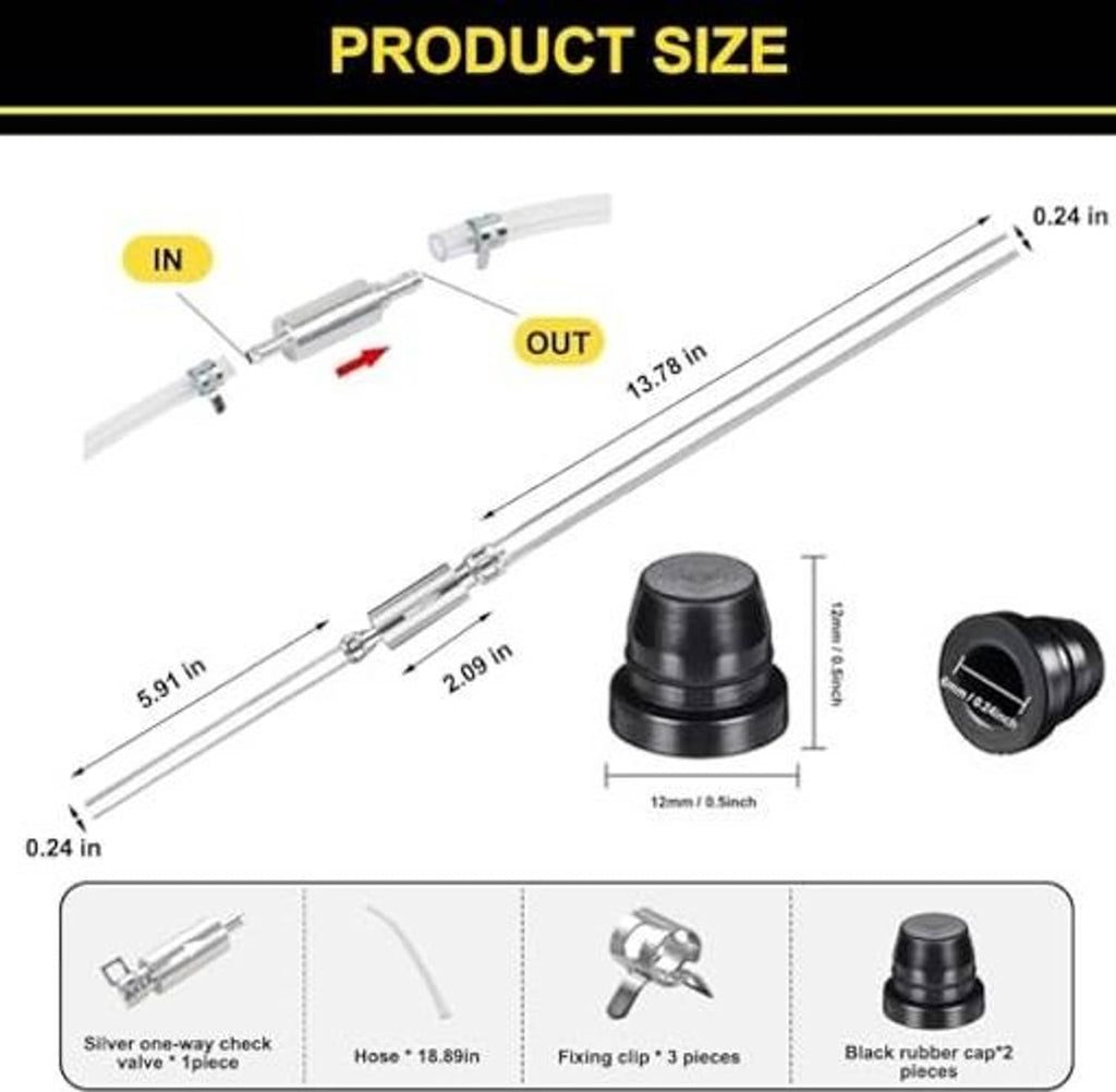 Brake bleeder hose kit diagram with silver check valve, black rubber caps, and length measurements