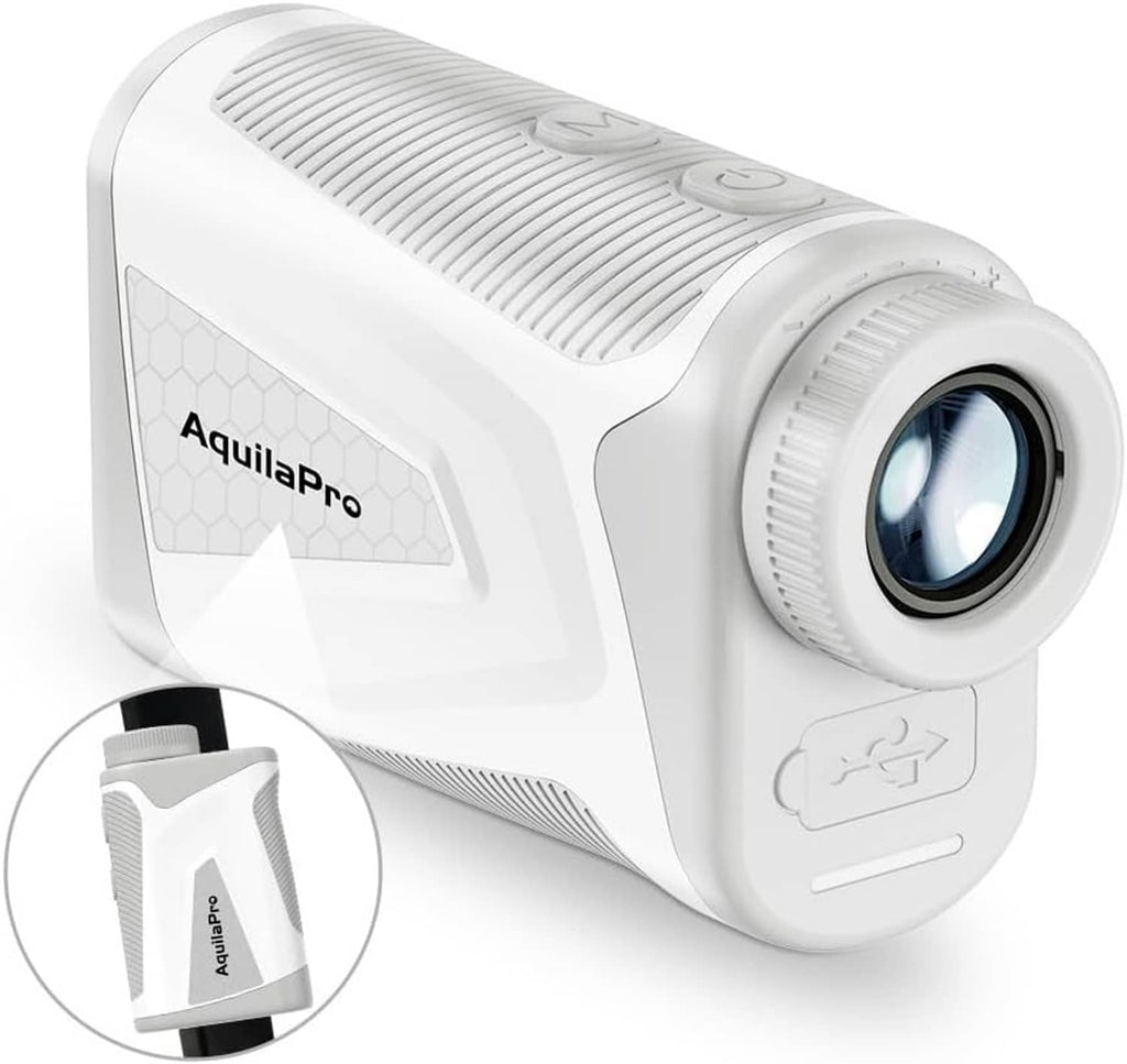 White AquilaPro rangefinder with binocular lens and included carrying pouch