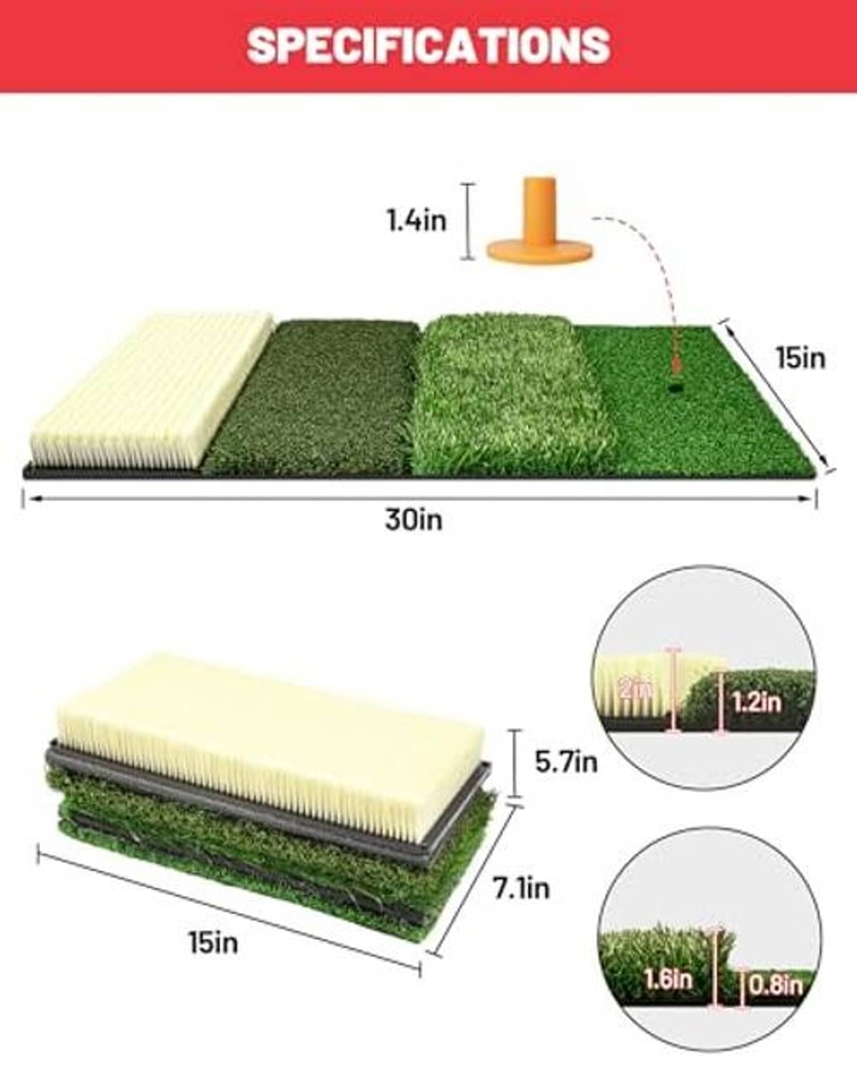 Folded golf hitting mat with sand, tee, rough, and fairway sections and dimensions