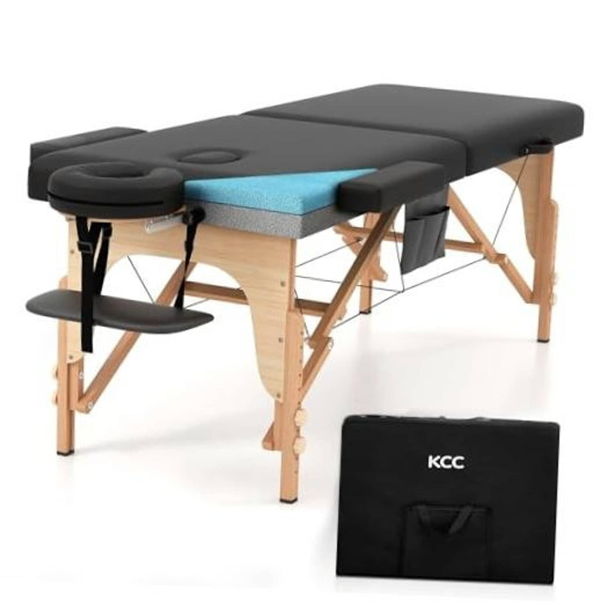 Portable foldable massage table with black padded cover, blue memory foam, wooden legs