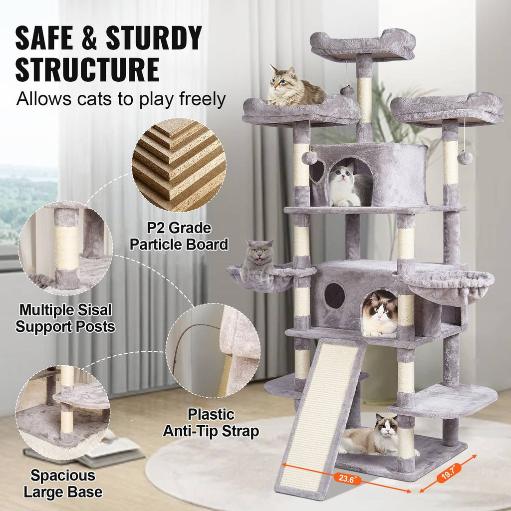Light gray sturdy cat tree with multiple sisal scratching posts and a large stable base