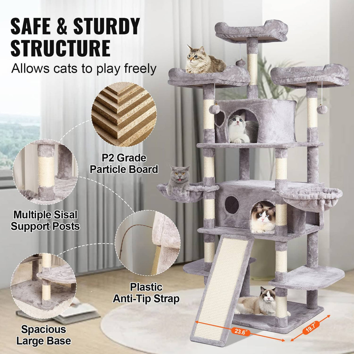 Light gray sturdy cat tree with multiple sisal scratching posts and a large stable base