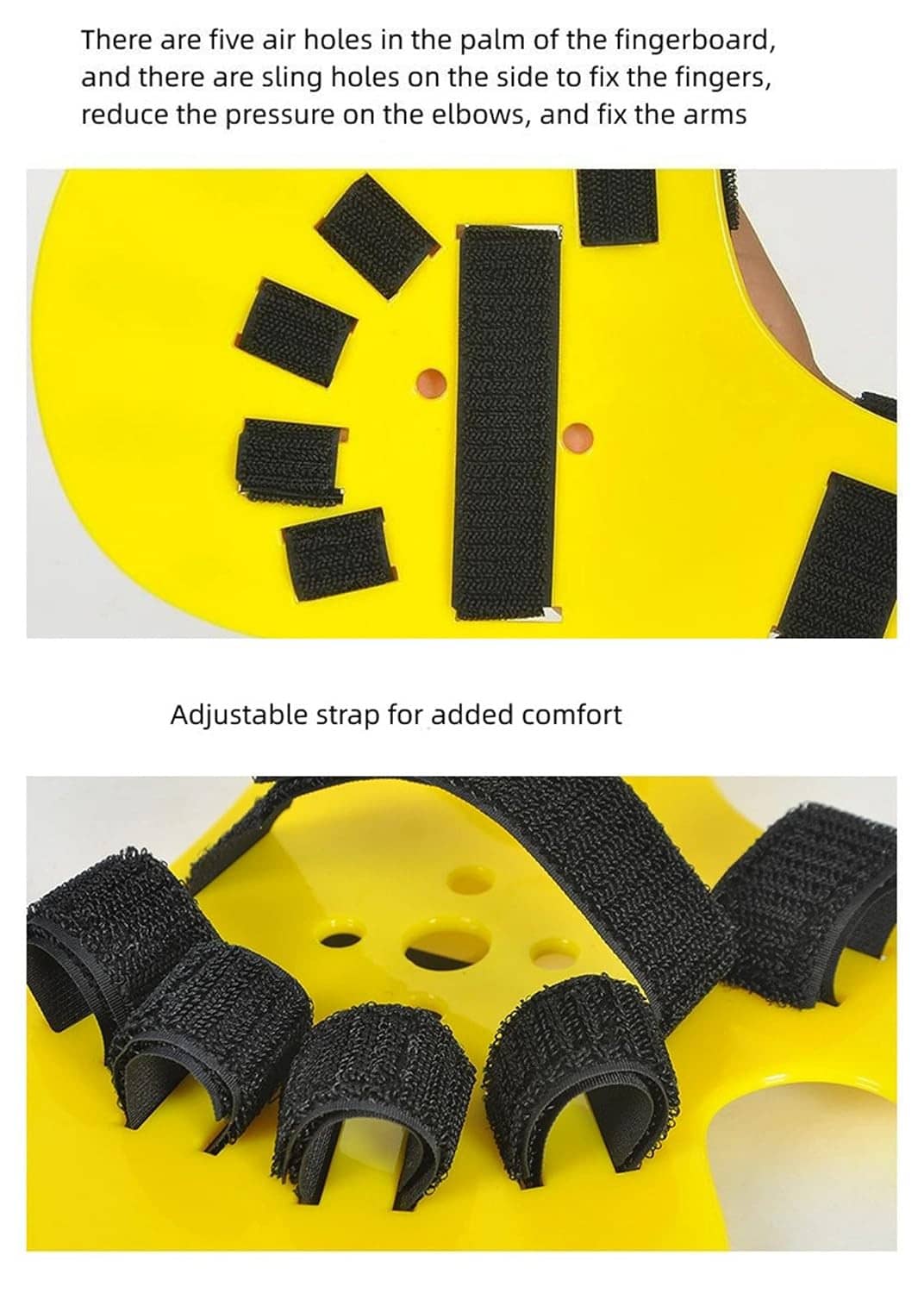 Fingerboard hand splint with five finger pads, palm holes, and adjustable strap
