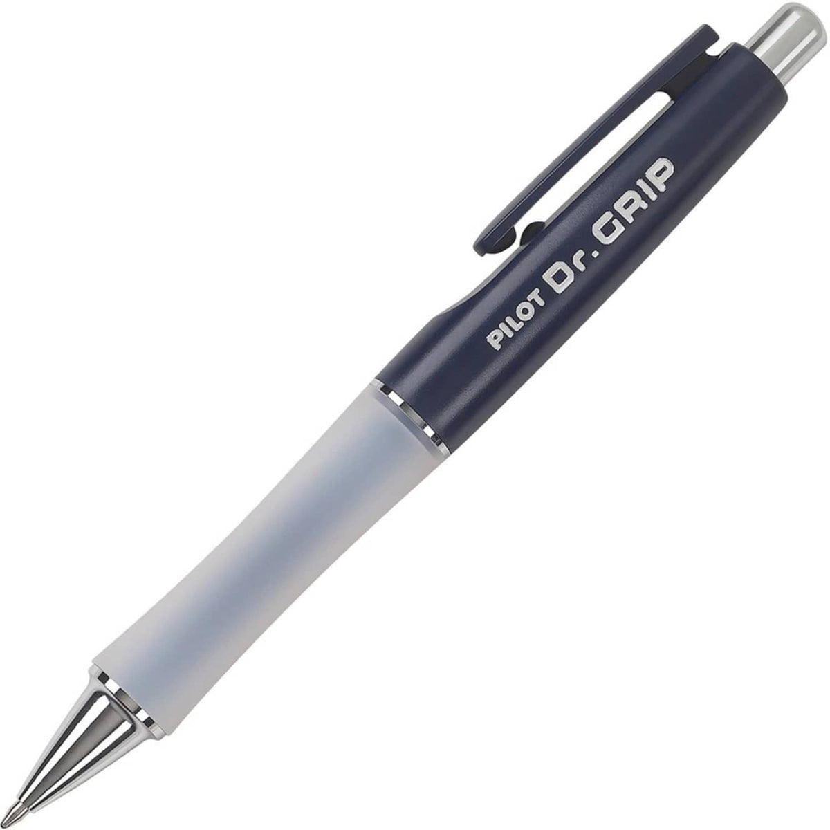 Retractable ballpoint pen with navy grip, silver trim, exposed writing tip