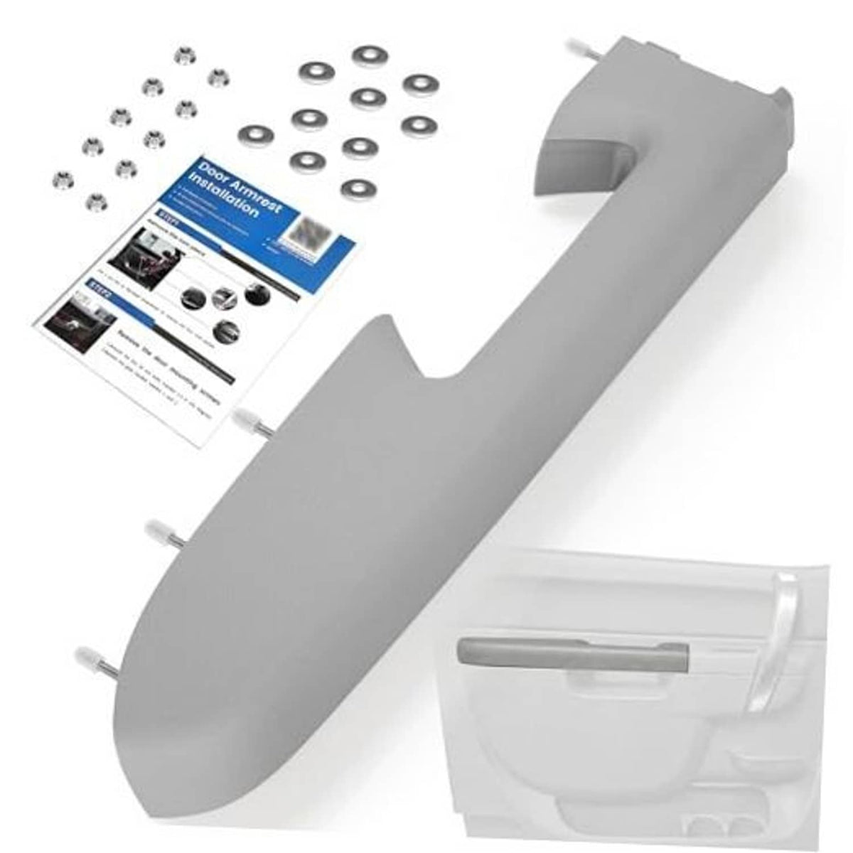 Gray armrest repair part with included screws and installation instructions
