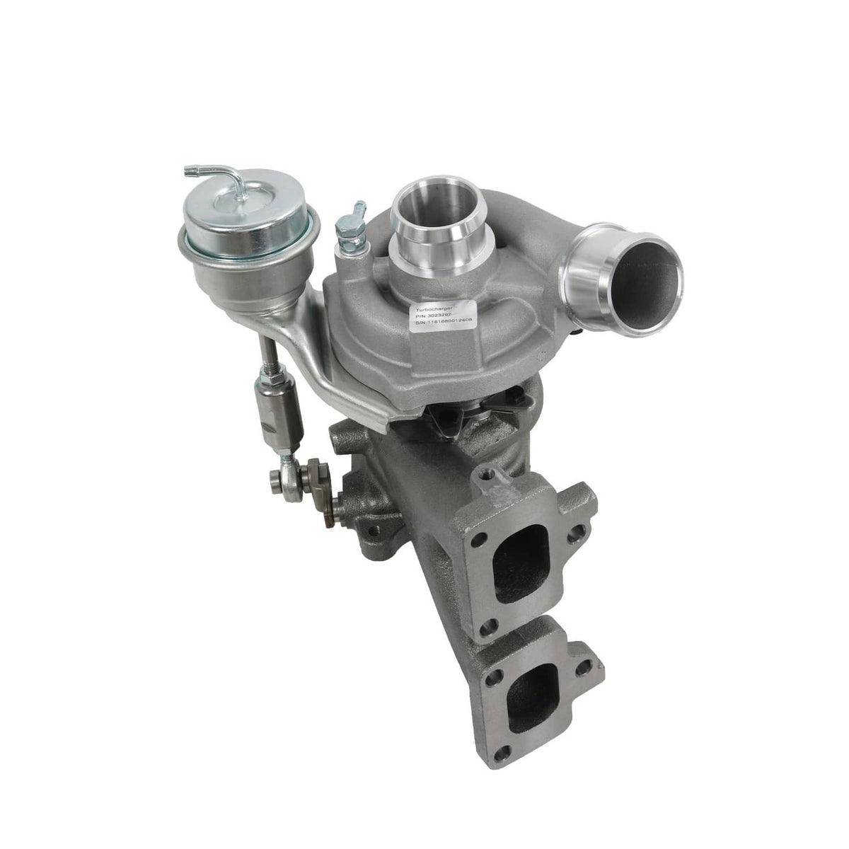 Turbocharger assembly with compressor housing, wastegate actuator, and inlet